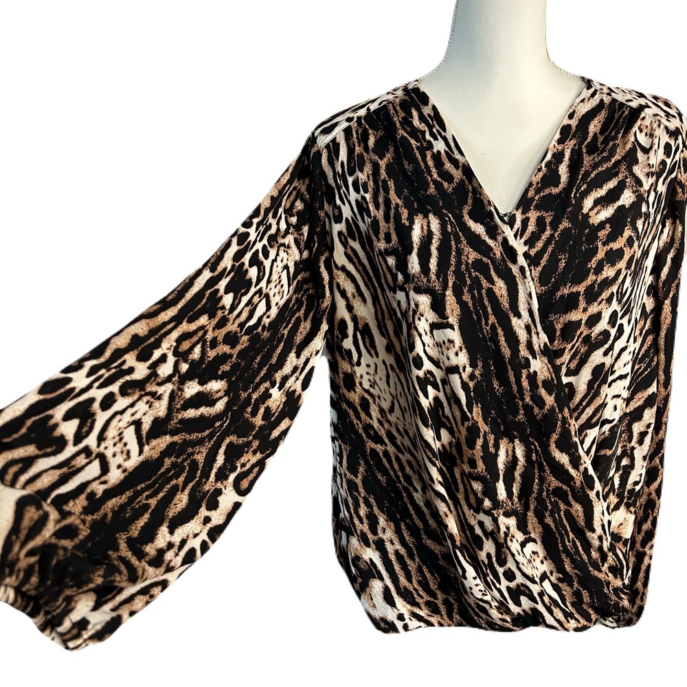 Catherine Malandrino Leopard Print Blouse Top M V Neck Balloon Sleeve Draped